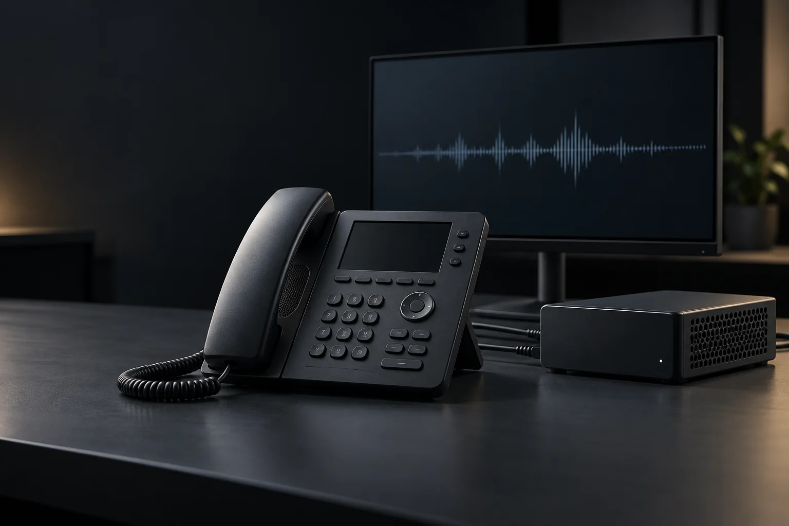 Masa telefonu, küçük bilgisayar ve ses dalgası gösteren monitörün bulunduğu koyu çalışma masası.