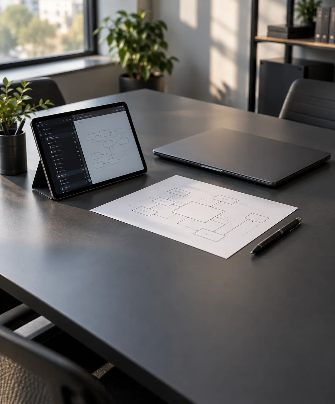 Toplantı masasında bir tablet, kapalı bir dizüstü bilgisayar ve basılı bir sistem şeması.